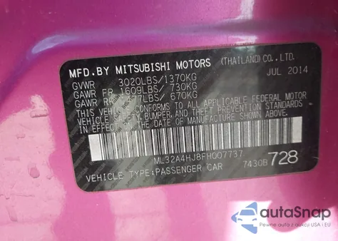 2015 Mitsubishi Mirage Es/Rf from USA, damaged, VIN ML32A4HJ8FH007737